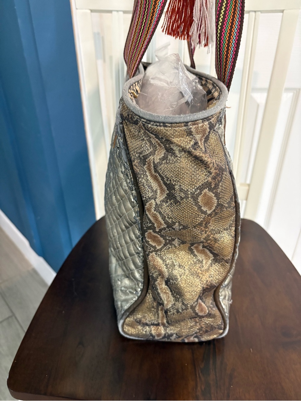 Consuela Metallic Silver Quilted Tote with Snake-Print Sides - Picture 3 of 8